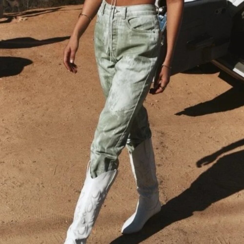 12th Tribe S Green Tie Dyed High Waisted Button Fly Jeans